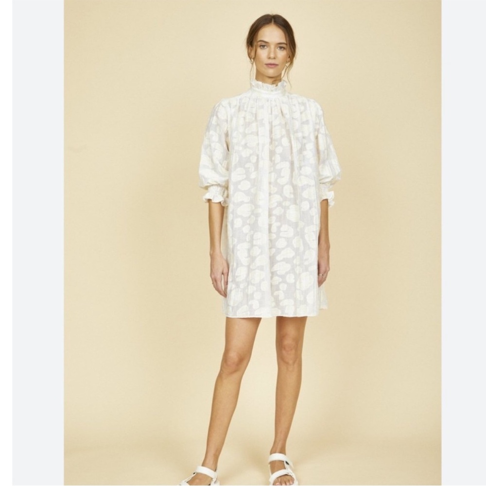 Hunter Bell Henley Dress Cheetah Print Puff Sleeve Ivory Size Small NWT